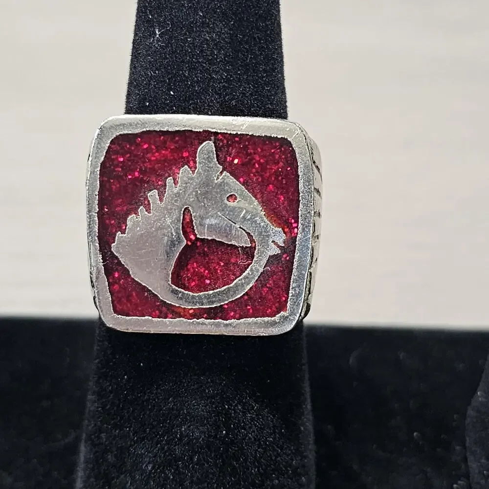 Vintage Mens Horse Signet Ring Chinese Zodiac Fire Horse Equestrian Biker Style
